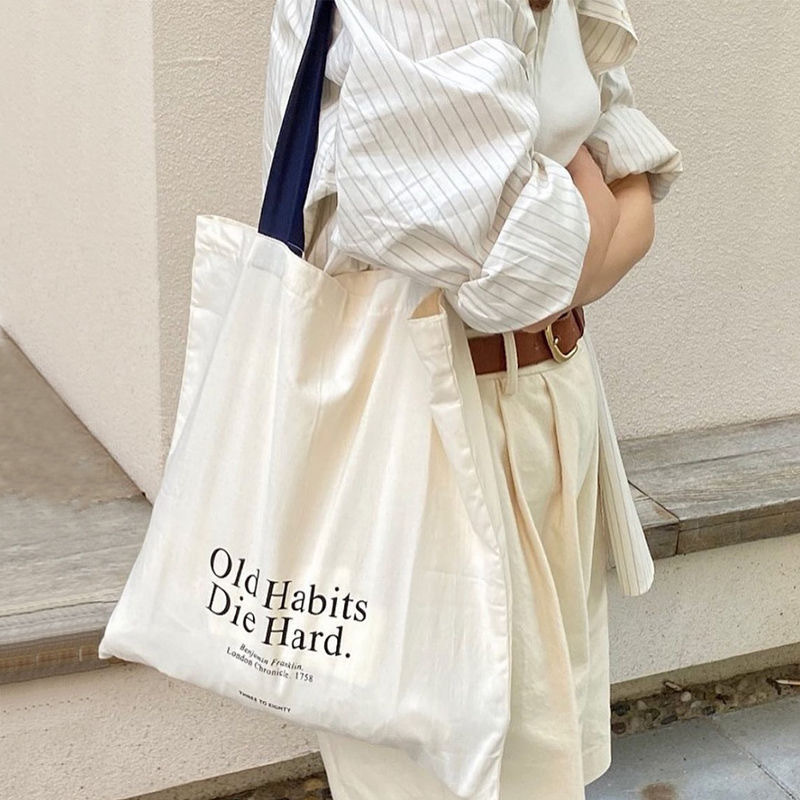 Shopper Tote Canvas - Simple Letter Large-capacity Single-shoulder Canvas Bag,